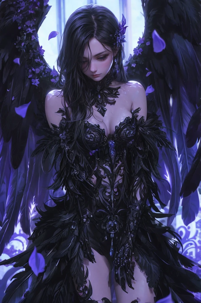 a beautiful flower angel, futuristic gothic style, extremely detailed face and body, anime-inspired, photorealistic, cinematic lighting, intricate floral patterns, ethereal wings, dramatic pose, moody color palette, volumetric light effects, hyper-realistic textures, ornate gothic architecture, stunning digital art