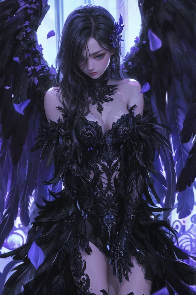 a beautiful flower angel, futuristic gothic style, extremely detailed face and body, anime-inspired, photorealistic, cinematic lighting, intricate floral patterns, ethereal wings, dramatic pose, moody color palette, volumetric light effects, hyper-realistic textures, ornate gothic architecture, stunning digital art