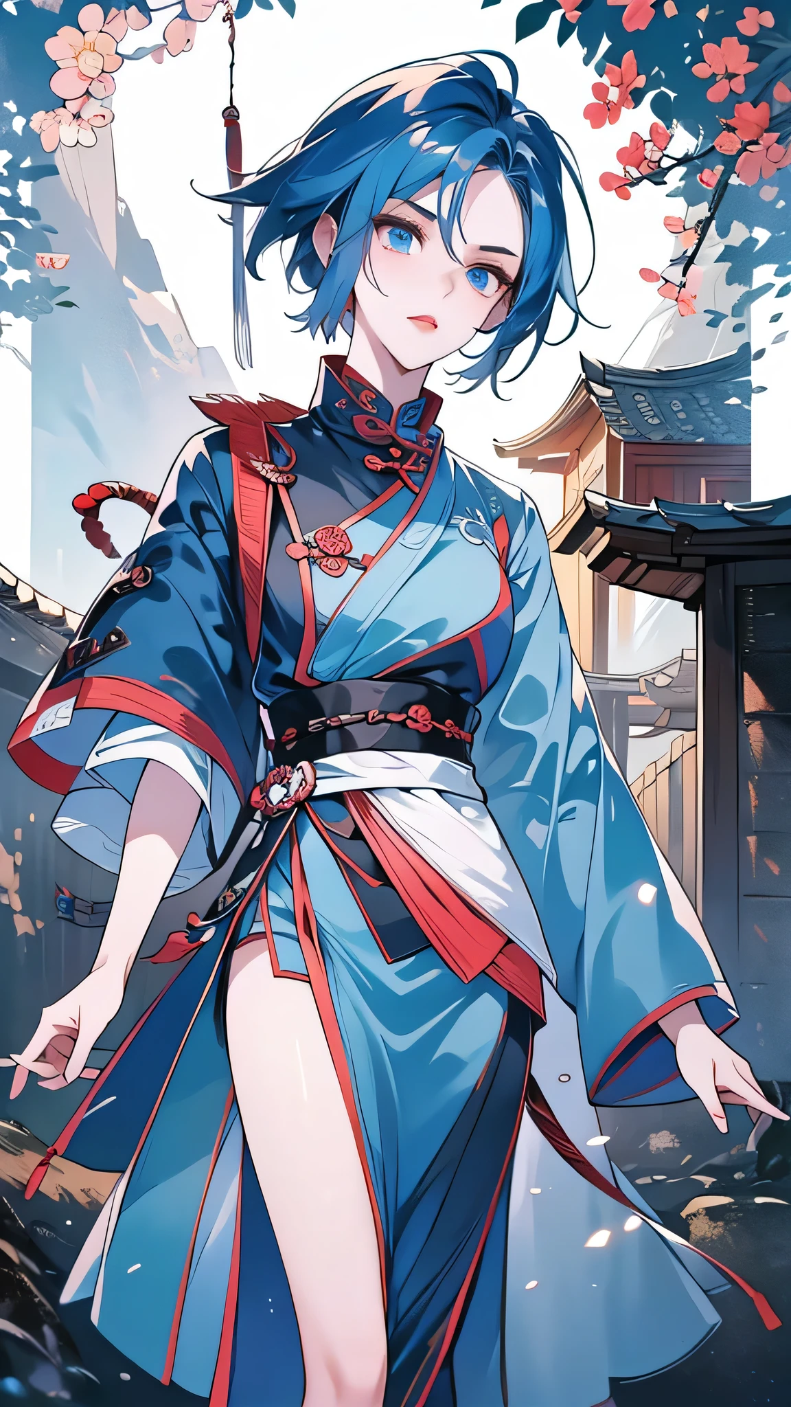 Masterpiece, Best quality, 1 Ji Ruxue, the expression is cold, strong, blue eyes, short hair, wolfcut hairstyle, smoky mix blue color hair, resolute eyes, red lips, simple Taoist Taoist uniform, Chinese mix morden, frontal photo, black or white background, simple background, anime, illustration, Chinese style short-sleeved shirt, cool girl, Fullbody