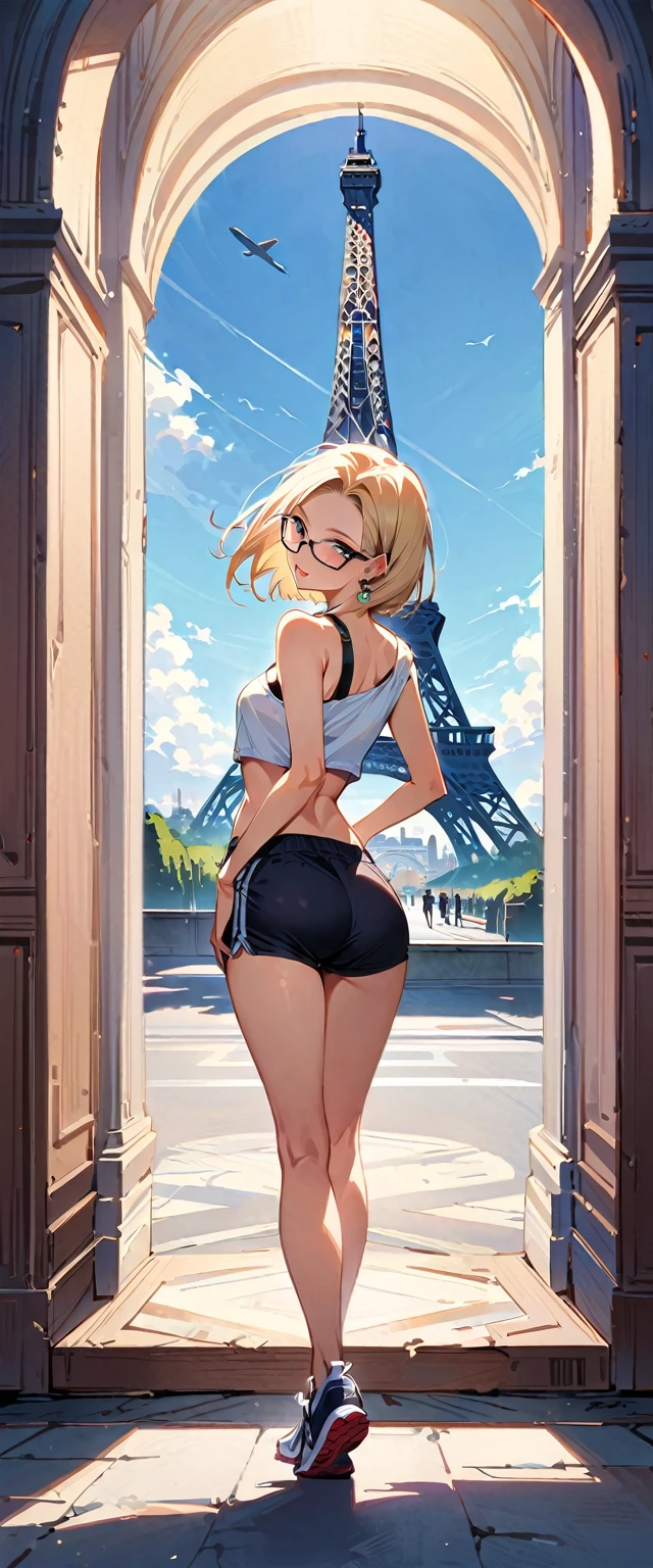 (masterpiece, best quality:1.2), full body shot, solo, Android 18 from Dragon Ball, ((slip-on one-shoulder crop top)), (light gray top:1.2), no jacket, (short sport shorts), small breasts, short blonde hair loose, ((black eyes)), ((wearing glasses)), earrings on earlobes, slender feminine figure, narrow waistline, skinny body, (plane black cap), (cap without logo), newbalance shoes, sky, head tilt, looking at viewer, light blush, shot from behind, looking back, back view, arms behind back, walking, the Eiffel Tower, outside, natural lighting and shadows, magnificent view, blur background, 4K, open mouth, smile, beautiful butt,