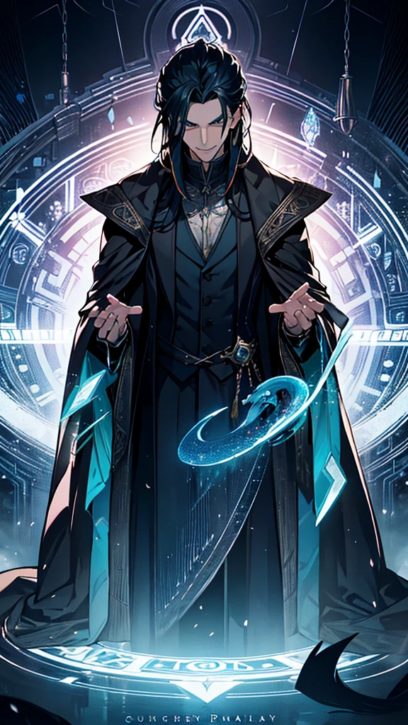 1 man, magic user, pale skin, shoulder length black hair, middle part hair, well dressed,male wizard, very handsome, hook nose, arrogant, smirking at viewer, interesting background, green magic flowing, blue magic circle, snakes, evil villian, dark fantasy 