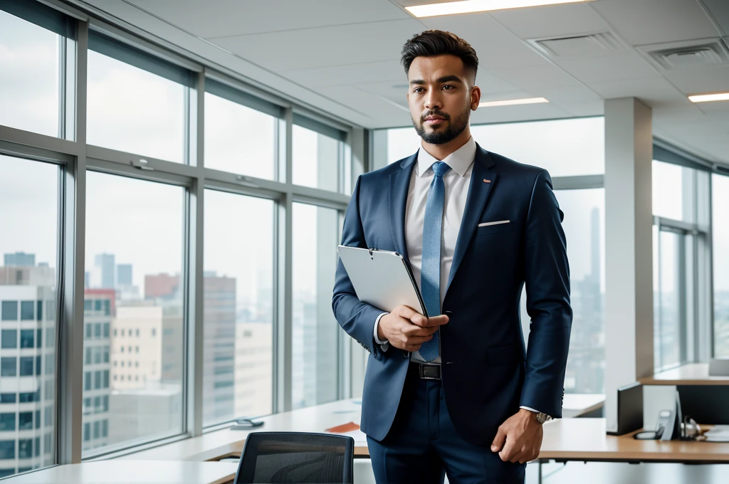 A man holding a clipboard with an expression of doubt, wearing a business suit, standing in an office with modern decor and large windows, a sunny day outside creating a bright and airy atmosphere, Photography, shot with a Canon EOS R5 and a 50mm f/1.2 lens, --ar 16:9 --v 5