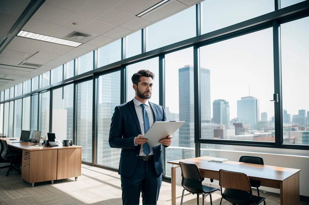A man holding a clipboard with an expression of doubt, wearing a business suit, standing in an office with modern decor and large windows, a sunny day outside creating a bright and airy atmosphere, Photography, shot with a Canon EOS R5 and a 50mm f/1.2 lens, --ar 16:9 --v 5