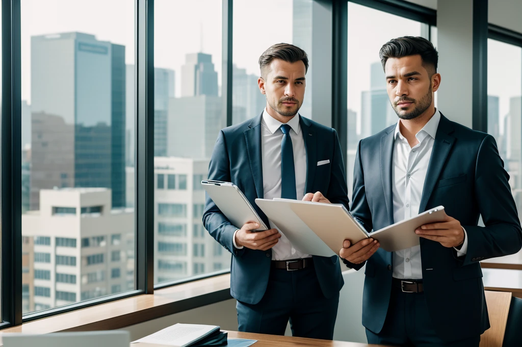 A man holding a clipboard with an expression of doubt, wearing a business suit, standing in an office with modern decor and large windows, a sunny day outside creating a bright and airy atmosphere, Photography, shot with a Canon EOS R5 and a 50mm f/1.2 lens, --ar 16:9 --v 5