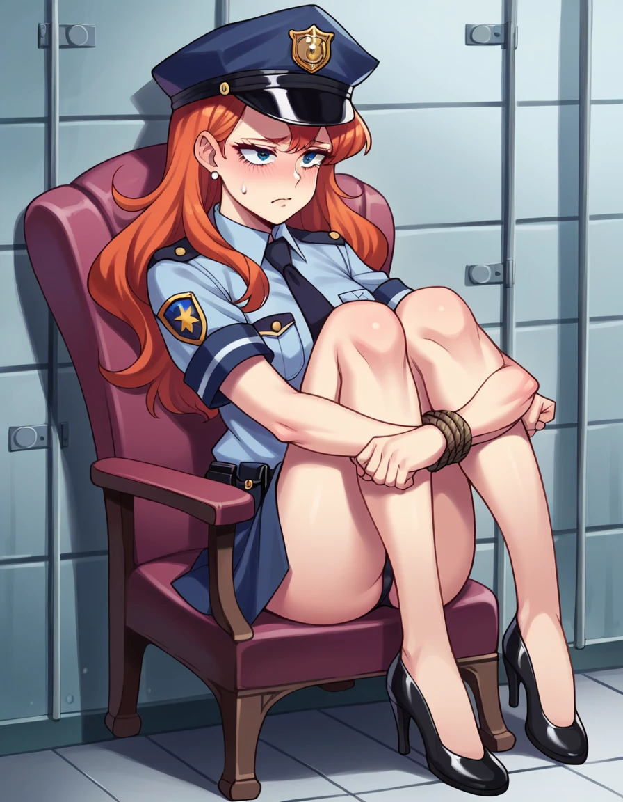 There is a woman in a police uniform, official, police official, (Yoshida Yuuko), sad police, Attire: cop, redhead woman, yoshida yuuko wearing a police uniform, high resolution commission, sheriff woman, Lois van Baarle y Rossdraws, bottomless, leotard blue, bare legs, sitting on a chair, (((his hands are behind his body)),((The whole body is tightly bound.)) in jail,