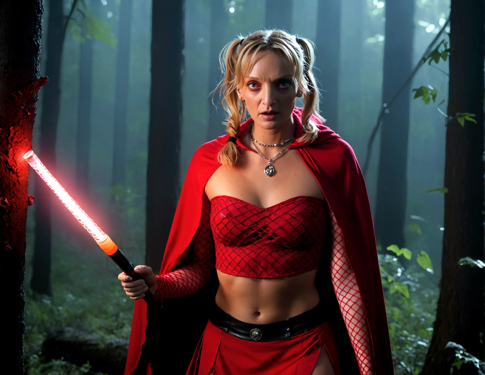 (damsel in distress)(multiple subjects, extreme complexity)(subject 1: a young woman ,Uma Thurman age 18, torn red miniskirt, red fishnet top (damaged), red fishnet thigh high stockings (damaged), blonde hair twin pigtails with red high lights, red cloak, carrying a rave glowstick, glow stick necklace) running terrified through a dark haunted forest, cinematic lighting, dramatic scene, detailed facial features, beautiful eyes, photorealistic, dark fantasy, (best quality,8k,highres,masterpiece:1.2),ultra-detailed,(realistic,photorealistic,photo-realistic:1.37),dramatic lighting,moody atmosphere,detailed textures,haunting,cinematic
