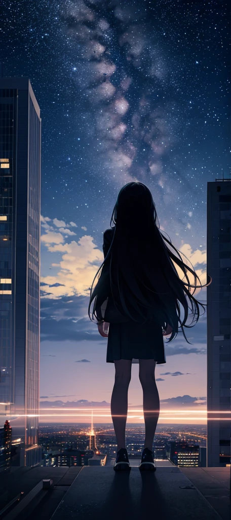Octane, null, star (null), scenery, starry null, night, One girl, night null, alone, Outdoor, building, cloud, milky way, Sitting, Long Hair, city, silhouette, Back view