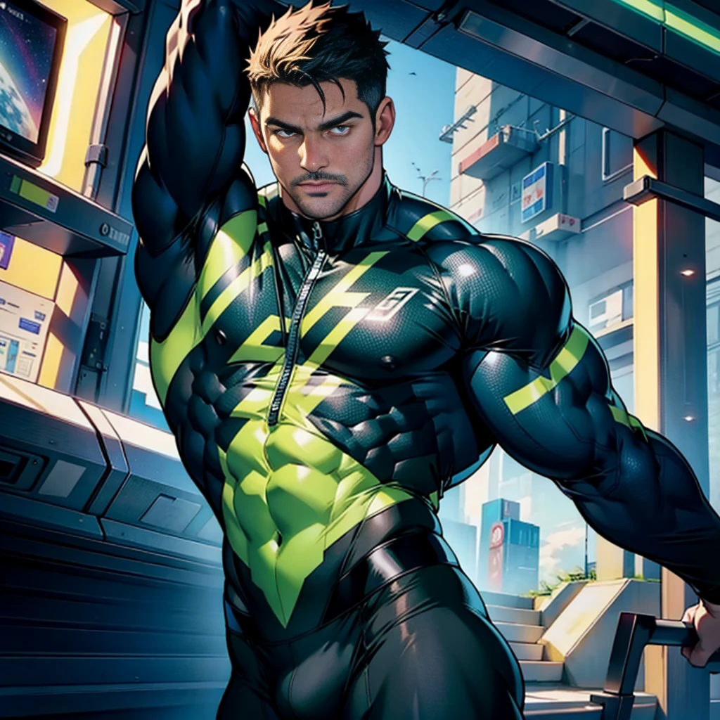 a muscular HUNK , STEPHEN AMELL cyber-hero with DARK DARK GREEN spandex suit FOR SPACE TRAVELING in spaceship , REVEALING HIS MUSCLES AND BULGE WITH HIS PRIVATE TRACE