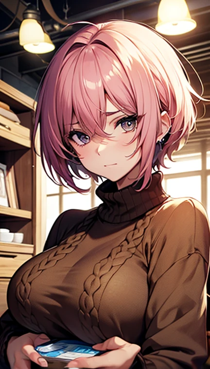 ((masterpiece,Highest quality,8K,Ultra-high resolution)),appropriate margins,Emphasize the face,BREAK,1 person,Very beautiful adult woman,is an adult,Slim body,Very large breasts,Bust 120,Upturned chest,BREAK,Pink Hair,Black eyes,light in your eyes,Embarrassed,Glare,short hair,Wearing hair in one ear,unkempt,BREAK,Beige sweater,Breastfeeding,Milking