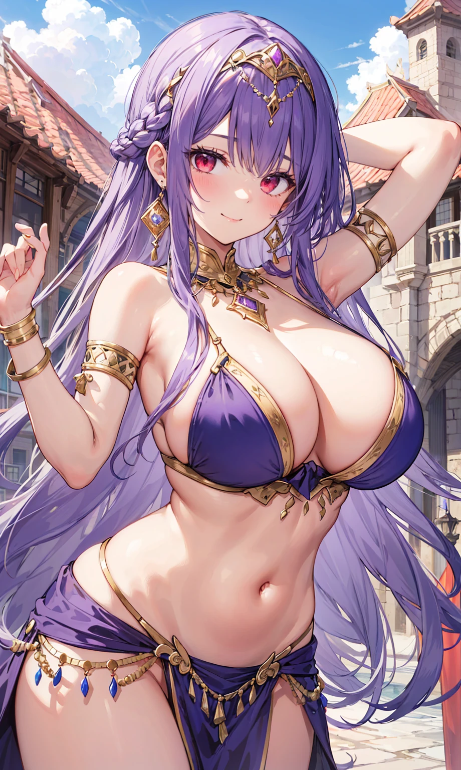high quality, ultra detailed, best quality, insanely detailed, beautiful, masterpiece, 1girl, medieval plaza, cowboy shot, red eyes, long hair, purple hair, belly dancer, circlet, earrings, armlets, bracelets, bashful smile, large breasts, cleavage, soft stomach