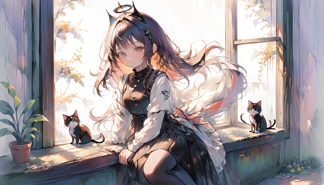 A girl is sitting on a window sill next to a cat, in the style of 2d game art, art academia, study