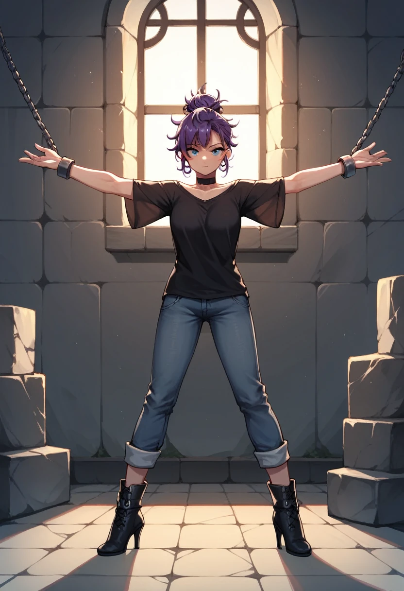 score_9, score_8_up, score_7_up, score_6_up, score_5_up, score_4_up, source_anime, 1girl, purple hair, hair bun,blue eyes, w-w-chain, spread arms, messy hair, black shirt,pants,ankle boots, high heels,dungeon, best quality, best res, 4K UHD,
 