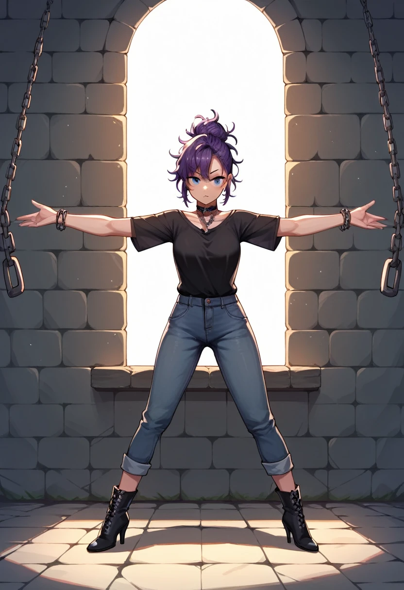score_9, score_8_up, score_7_up, score_6_up, score_5_up, score_4_up, source_anime, 1girl, purple hair, hair bun,blue eyes, w-w-chain, spread arms, messy hair, black shirt,pants,ankle boots, high heels,dungeon, best quality, best res, 4K UHD,
 