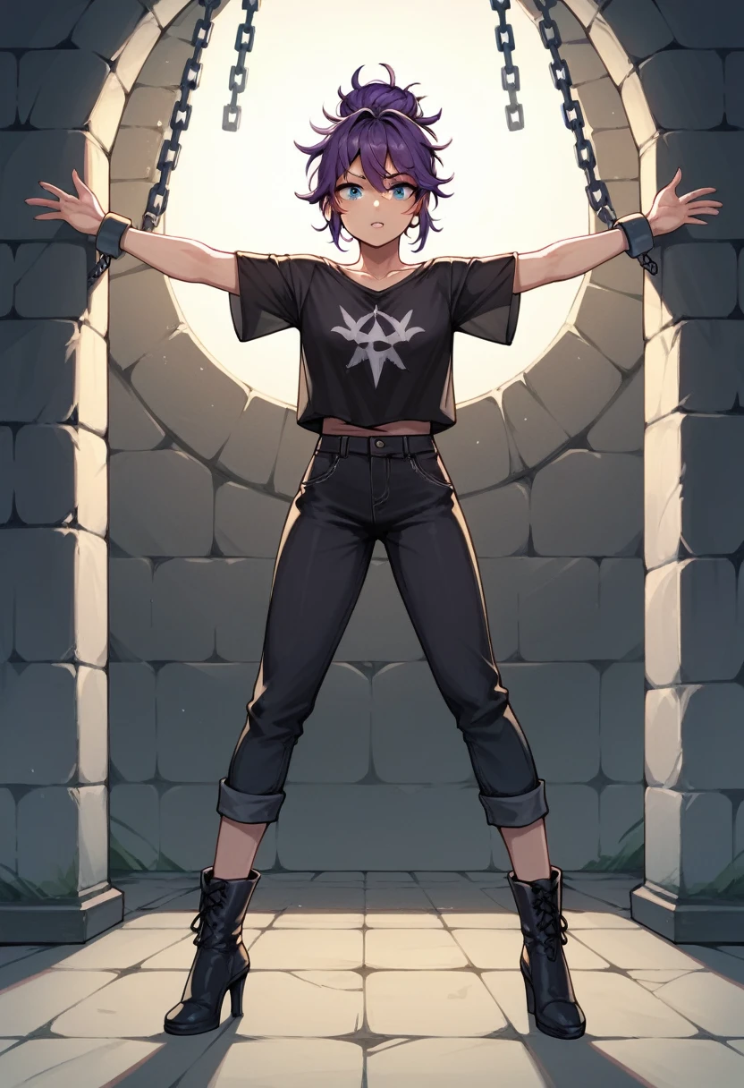 score_9, score_8_up, score_7_up, score_6_up, score_5_up, score_4_up, source_anime, 1girl, purple hair, hair bun,blue eyes, w-w-chain, spread arms, messy hair, black shirt,pants,ankle boots, high heels,dungeon, best quality, best res, 4K UHD,
 