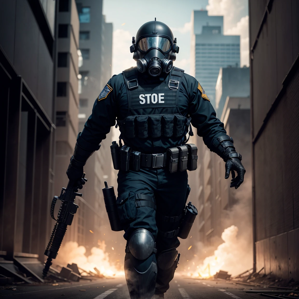 1 man, shot of swat officer, wearing black uniform, (gas mask:1.2) and black helmet, armor vest, black leather gloves, strong, mighty, (free hands:1,2), (full length:1.3), warzone