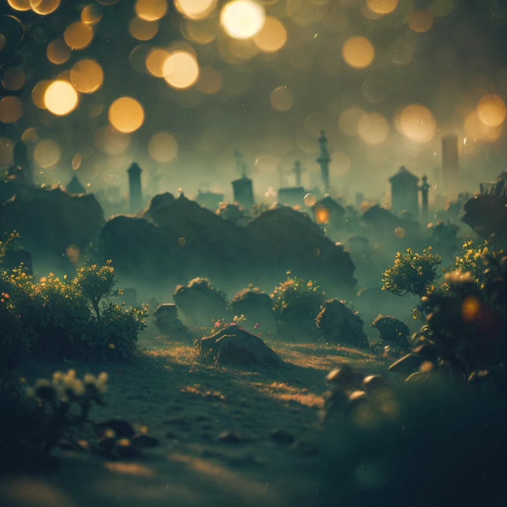 (BOKEH) dreamy cemetery background, (pov) engaging perspective, captivating gaze, (deep, immersive) steam ambiance, (artistically) blurred foreground, (morning) atmosphere, mist, (secretive)