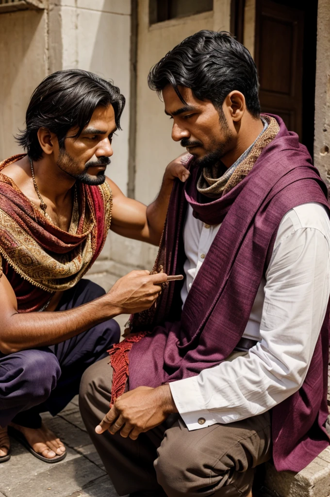 A man giving shawl to a begger