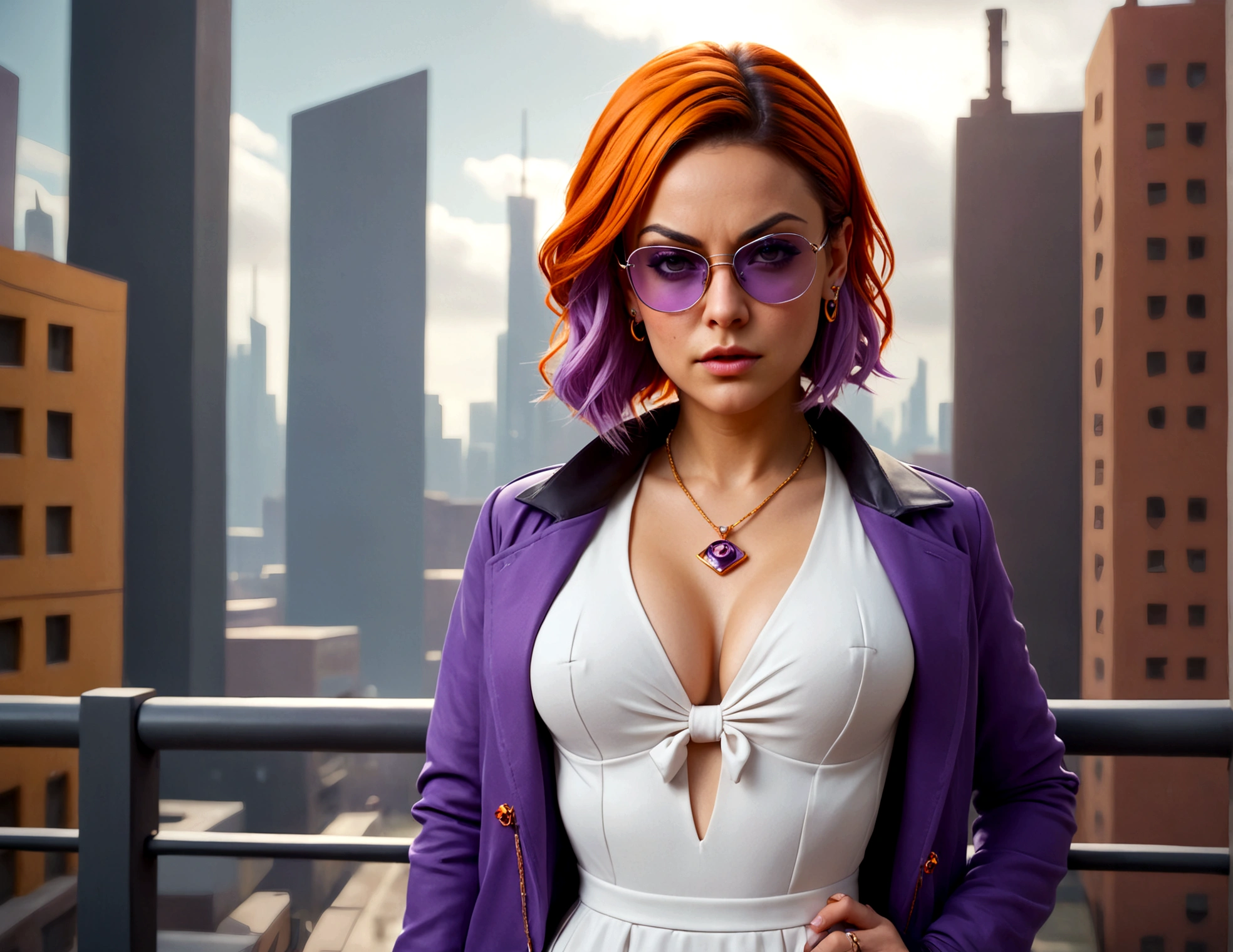 (cyberpunk)1girl (Mila Kunis), solo, yorigami jo'on, orange hair, drill hair, eyewear on head, orange eyes, jewelry, bow, white dress, purple jacket, pendant, earrings, hat, standing, hand on hip, looking at viewer, one eye closed, smirk, outdoors, city
