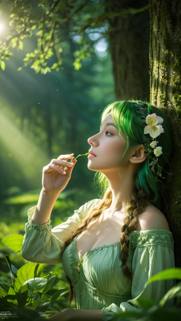 Best Quality, 4K, 8K, hight resolution, ​masterpiece, Ultra-detailed, Realistic, Cinematic lighting, Beautiful detailed glow,Light leak, amazing, Intricate details, Photorealistic, Green hair, having a bird's-eye view, A cute Japanese woman, Small breasts, there is a woman sitting in the woods with a flower in her hand, dryad in the forest, goddess of the forest, enchanted with nature spirit, goddess of nature, forest soul, forest dryad, nature goddess, inspired by Igor Kieryluk, forest fae, forest spirit, beautiful digital artwork, earth goddess mythology, mother nature, realistic fantasy illustration, "A tranquil image illustrating 'Whispers of Green', showing a woman named Anna awakening in a serene forest bathed in morning light. The scene should depict Anna in a peaceful setting, surrounded by lush greenery, with trees whispering gently in the background. The mood is calm and meditative, capturing the moment of Anna connecting with the tranquility of nature, reflecting the quiet whispers of the green forest."