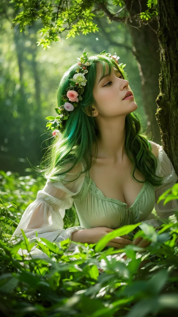 Best Quality, 4K, 8K, hight resolution, ​masterpiece, Ultra-detailed, Realistic, Cinematic lighting, Beautiful detailed glow,Light leak, amazing, Intricate details, Photorealistic, Green hair, having a bird's-eye view, A cute Japanese woman, Small breasts, there is a woman sitting in the woods with a flower in her hand, dryad in the forest, goddess of the forest, enchanted with nature spirit, goddess of nature, forest soul, forest dryad, nature goddess, inspired by Igor Kieryluk, forest fae, forest spirit, beautiful digital artwork, earth goddess mythology, mother nature, realistic fantasy illustration, "A tranquil image illustrating 'Whispers of Green', showing a woman named Anna awakening in a serene forest bathed in morning light. The scene should depict Anna in a peaceful setting, surrounded by lush greenery, with trees whispering gently in the background. The mood is calm and meditative, capturing the moment of Anna connecting with the tranquility of nature, reflecting the quiet whispers of the green forest."