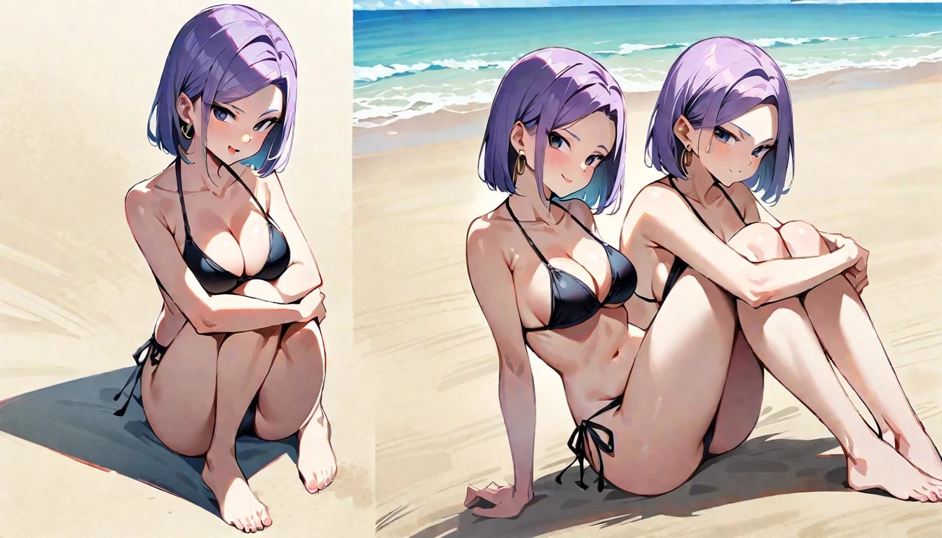 (masterpiece, best quality:1.2), full body, solo, Android 18 from Dragon Ball, 20s, ((string bikini, black bikini)), sitting, medium breasts, blunt bangs, short purple hair, (black eyes), earrings on earlobes, slim, skinny body, blush, sky, magnificent view, blur background, 4K, open mouth, beach, side-tie bikini bottom, smile, (Sandy Beach), barefoot, knees up, beautiful butt, (front view,) (hugging own legs), (crossed arms), side boob, cleavage, front side, (under bikini aside)