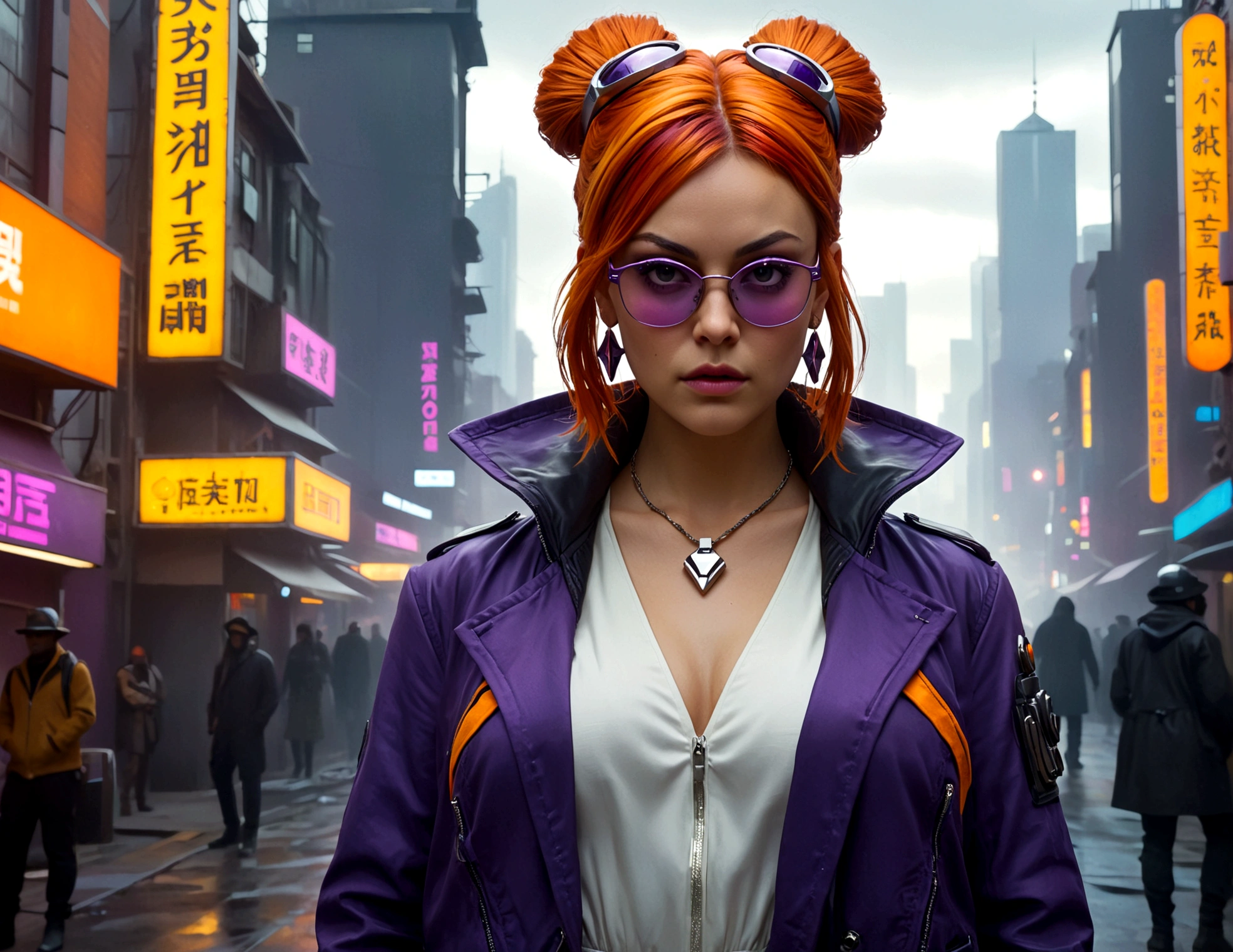 (cyberpunk)1girl (Mila Kunis), solo, yorigami jo'on, orange hair, drill hair, eyewear on head, orange eyes, jewelry, bow, white dress, purple jacket, pendant, earrings, hat, standing, hand on hip, looking at viewer, one eye closed, smirk, outdoors, city