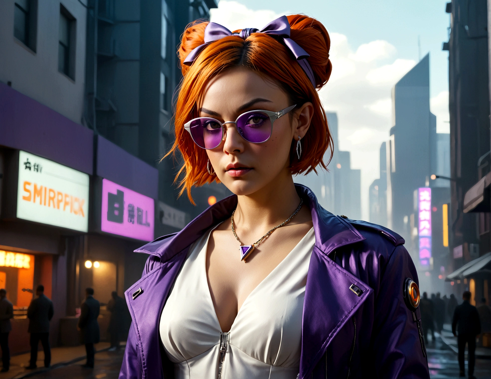 (cyberpunk)1girl (Mila Kunis), solo, yorigami jo'on, orange hair, drill hair, eyewear on head, orange eyes, jewelry, bow, white dress, purple jacket, pendant, earrings, hat, standing, hand on hip, looking at viewer, one eye closed, smirk, outdoors, city