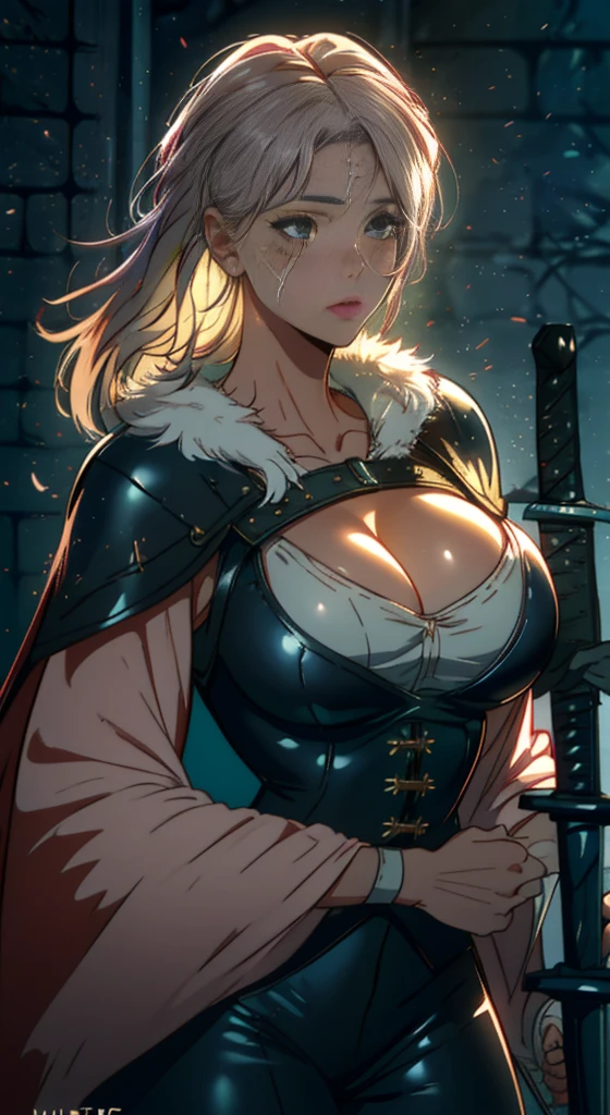 (​masterpiece:1.3), (8K, photorealestic, RAW-Foto, best quality: 1.4), (1 girl), (((Ciri from Witcher 3 with huge breasts))), overflowing cleavage, Buttons strain, Breast enlargement,pretty face, (realistic face), Beautiful white hair, realistic green eyes, beautiful detailed green eyes, (realistic skin), nice skin, (Fur outfit), most absurd, attractive, Ultra high resolution, ultra realist, muito detalhado, golden ratio, deep neckline,  sword hilt, ((Curved facial scar left cheek)), ((Dark Colors )),