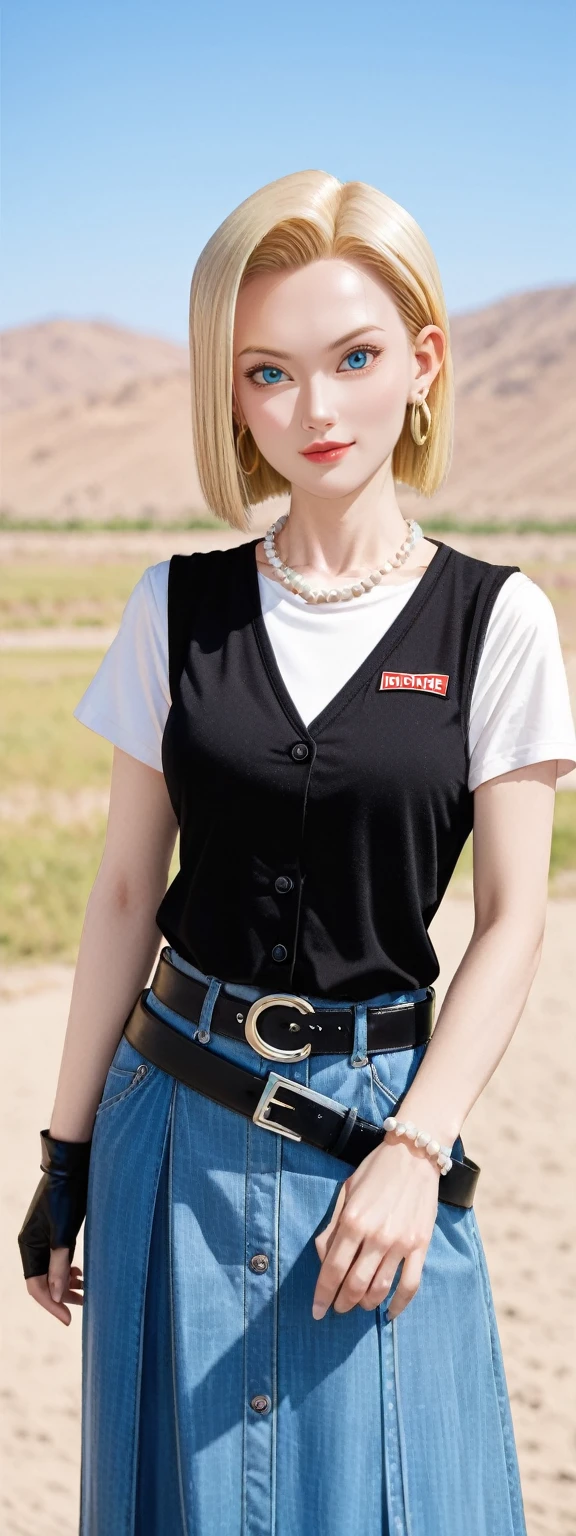 realistic,score_9, score_8_up, score_7_up,
1girl, android18 from "Dragon Ball", cute pose, outdoors,a woman, jewelry, blond hair, Short hair, earrings, blue eyes, belt, necklace, blue skirt, black fingerless gloves, white shirt, vest, hoop earrings, short sleeves, bracelet, pearl necklace, black belt, belt buckle,Professional, perfect composition, very aesthetic, absurdres, ultra-detailed, intricate details