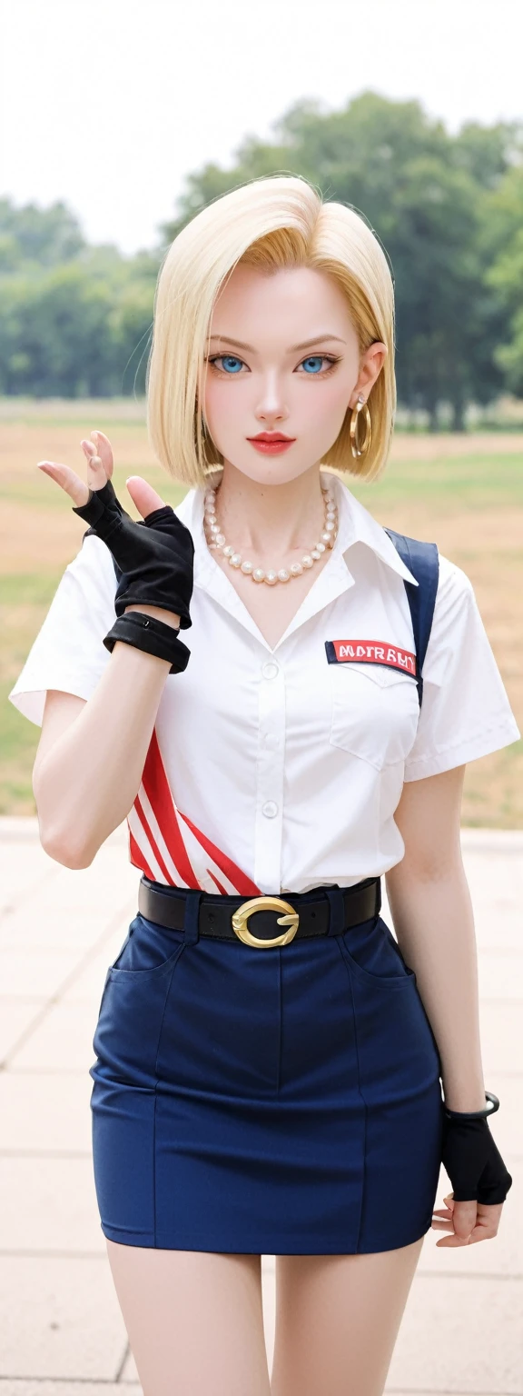 realistic,score_9, score_8_up, score_7_up,
1girl, android18 from "Dragon Ball", cute pose, outdoors,a woman, jewelry, blond hair, Short hair, earrings, blue eyes, belt, necklace, blue skirt, black fingerless gloves, white shirt, vest, hoop earrings, short sleeves, bracelet, pearl necklace, black belt, belt buckle,Professional, perfect composition, very aesthetic, absurdres, ultra-detailed, intricate details