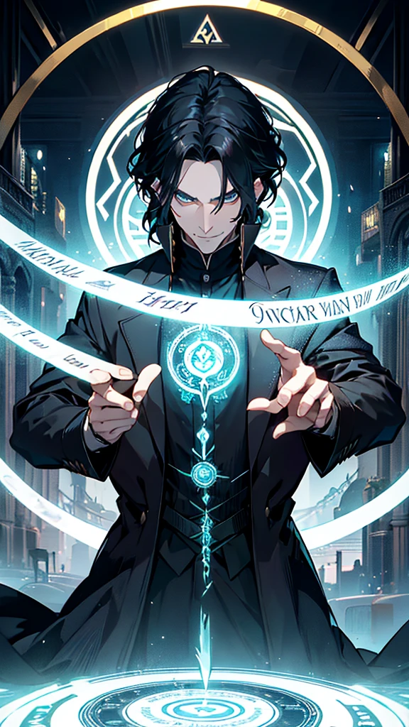 1 man, magic user, pale skin, shoulder length black hair, middle part hair, well dressed,male wizard, very handsome, hook nose, arrogant, smirking at viewer, interesting background, green magic flowing, blue magic circle, snakes, evil villian, dark fantasy, severus snape