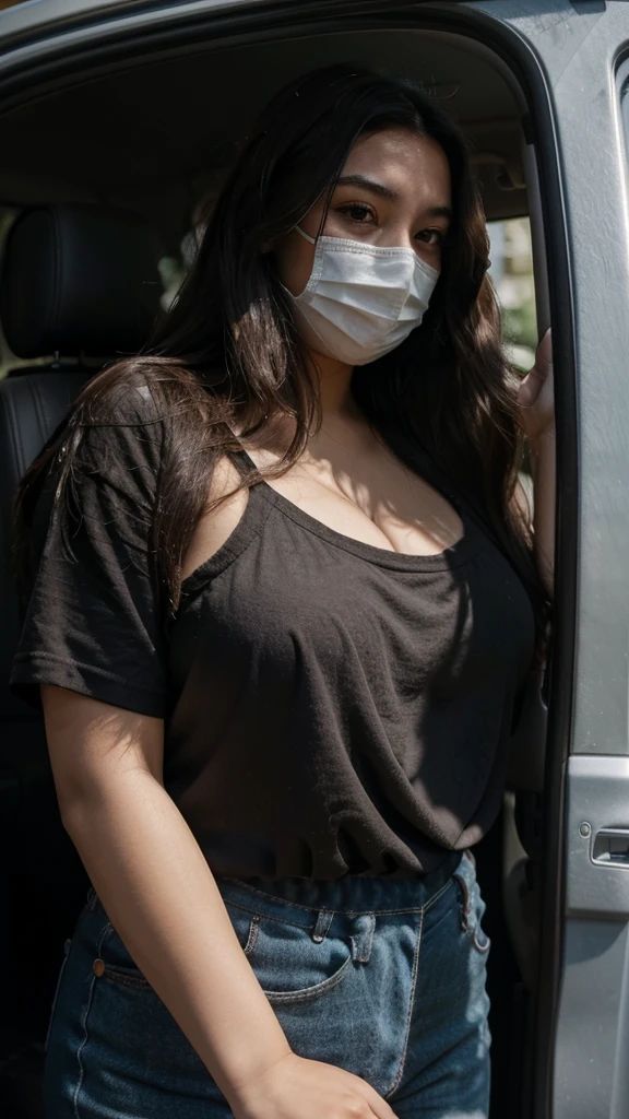 Draw a picture of a rather plump young Asian woman with long, wavy, dark brown hair. She wore a black face mask and a brown blouse that showed a little cleavage. This woman was standing next to the car with the door closed but the car window open, looking down slightly with one hand leaning on the door and the other holding her cell phone. The angle of this photo is from inside the car, showing the view from the side of the car door towards the woman. The background is nighttime with dim lighting, and there is some graffiti or murals on the wall behind the woman.