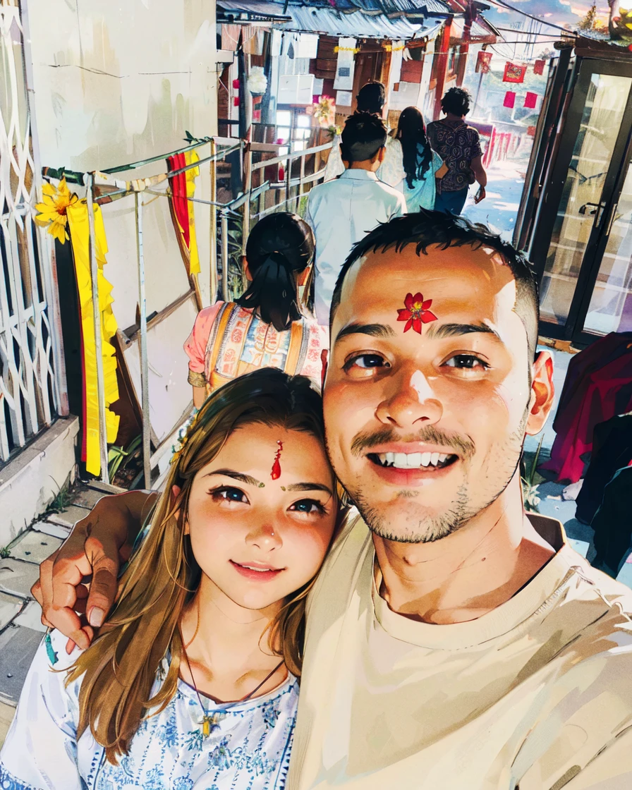 beautiful sunset, hindu temple, newly married south indian couple in traditional saree and doti outfit, decorative flower garland in thier neck, BREAK (masterpiece, best quality:1.2), outdoors, nature, forest, pines, grass, tall grass, detailed grass, plants, day, clouds, flower