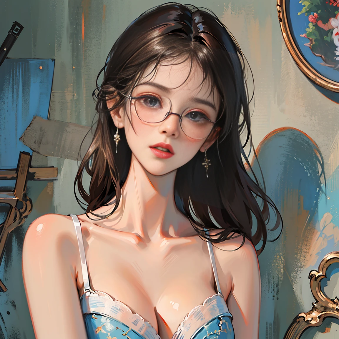 Ultra-realistic CG ,((premium、8K、32k、masterpiece)), (Ultra-thin illustration)、(Ultra-high resolution), Intelligent woman with glasses, Looking down at the viewer, Seductive upward glance, A look of disgust, blush, hot, The action of adjusting glasses, ((Upper body close-up, Portrait Style)), (Shooting from below:1.3),