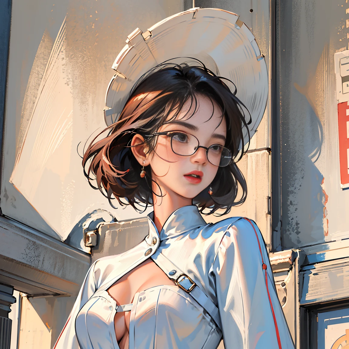 Ultra-realistic CG ,((premium、8K、32k、masterpiece)), (Ultra-thin illustration)、(Ultra-high resolution), Intelligent woman with glasses, Looking down at the viewer, Seductive upward glance, A look of disgust, blush, hot, The action of adjusting glasses, ((Upper body close-up, Portrait Style)), (Shooting from below:1.3),