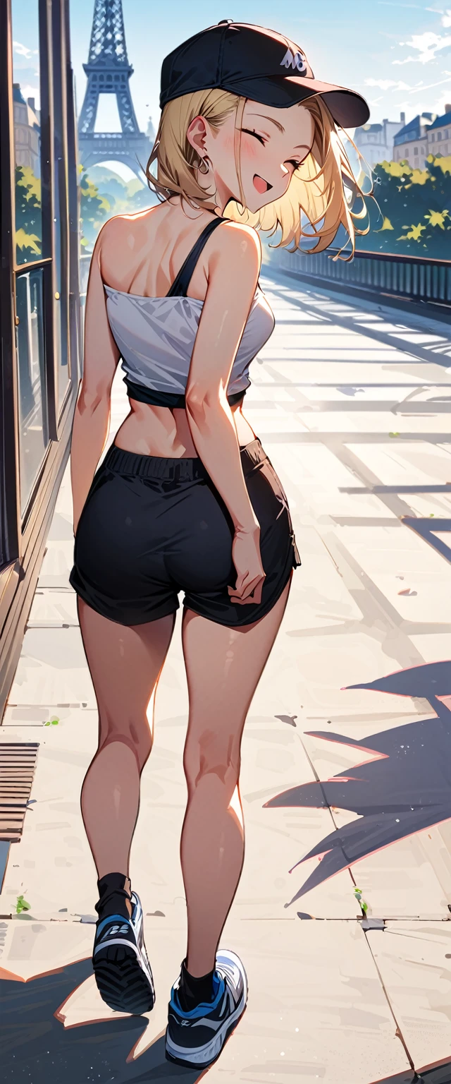 (masterpiece, best quality:1.2), full body shot, solo, Android 18 from Dragon Ball, ((slip-on one-shoulder crop top)), (light gray top:1.2), no jacket, (short sport shorts), small breasts, short blonde hair loose, ((close eyes)), earrings on earlobes, slender feminine figure, narrow waistline, skinny body, (plane black cap), (cap without logo), newbalance shoes, sky, head tilt, looking at viewer, light blush, shot from behind, looking back, back view, arms behind back, walking, the Eiffel Tower, outside, natural lighting and shadows, magnificent view, blur background, 4K, open mouth, smile, beautiful butt,