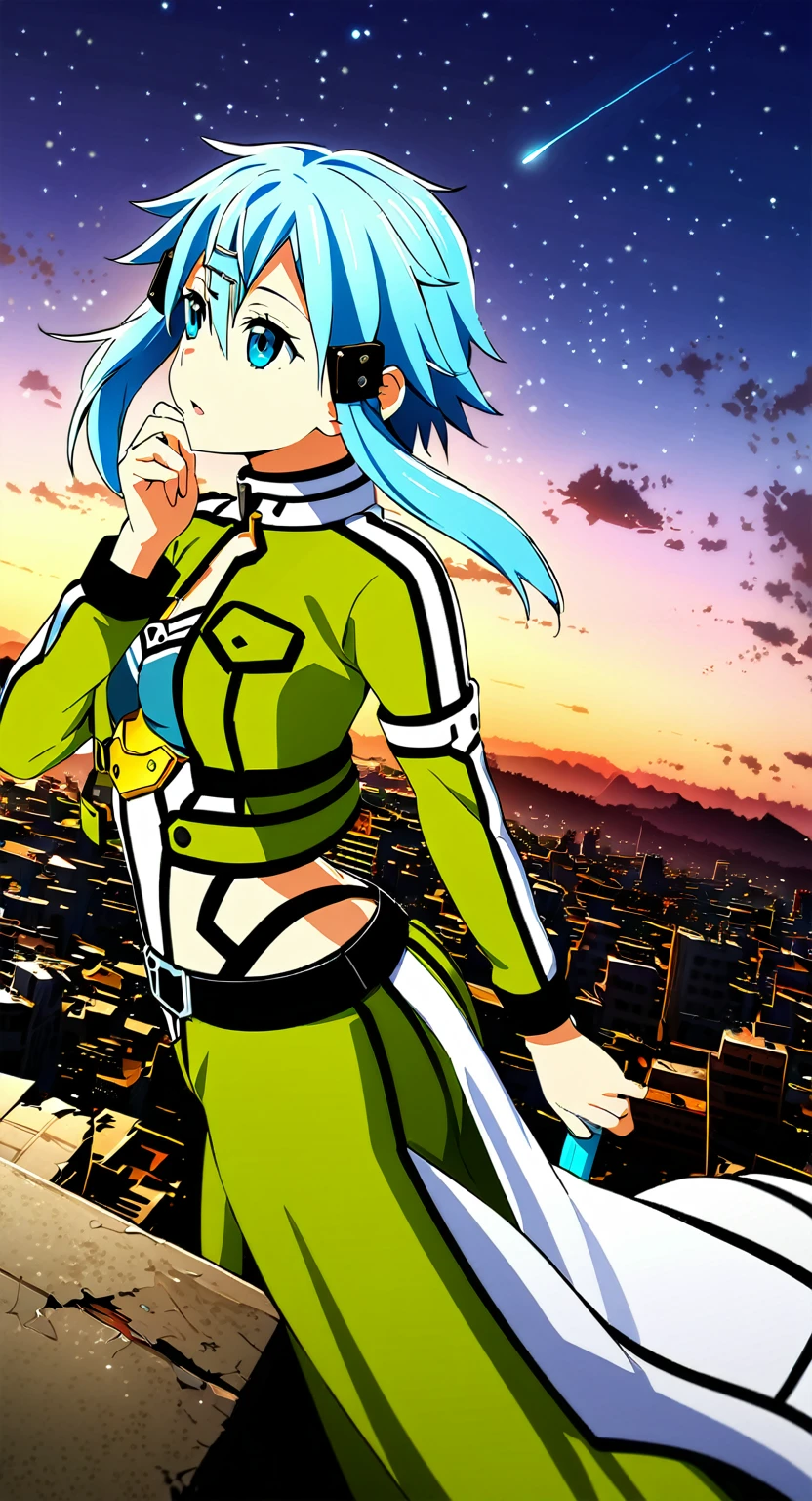 A girl(), sinonggo, short hair with pale blue color, looking to the sky, one hand holding the hair, behind the view, standing on top of a building, the sky is so beautiful, (the night sky with the falling of stars), the moon is so beautiful in the middle top view, (there are many damaged buildings), silent place, beautiful view, the night wind blowing, (ultra HD image), (Masterpiece image), (intricate details), 8k quality, ray tracing filters