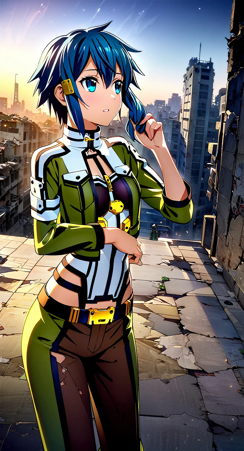 A girl(16 years old), sinonggo, short hair with pale blue color, looking to the sky, one hand holding the hair, behind the view, standing on top of a building, the sky is so beautiful, (the night sky with the falling of stars), the moon is so beautiful in the middle top view, (there are many damaged buildings), silent place, beautiful view, the night wind blowing, (ultra HD image), (Masterpiece image), (intricate details), 8k quality, ray tracing filters