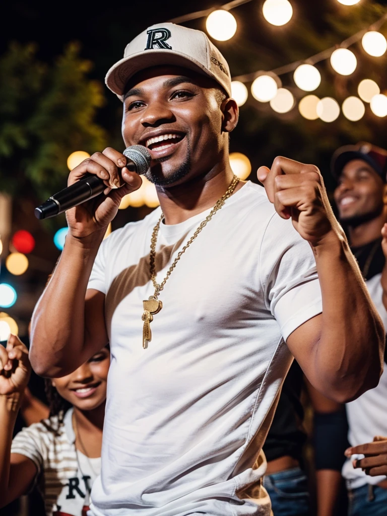 man of 40 years old, with cap, pop music singer, singing at an outdoor party with great joy, with many women.