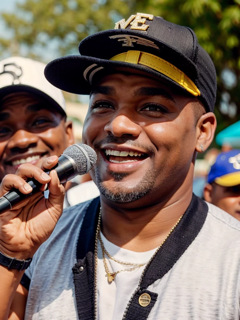 man of 40 years old, with cap, pop music singer, singing at an outdoor party with great joy, with many women.