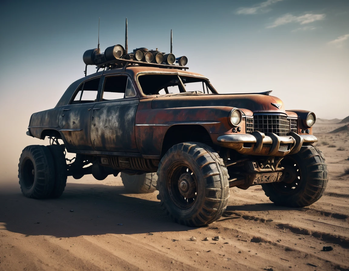 a powerful off-roader, post-apocalyptic, mad max style, weathered and dystopian, desert landscape, dramatic lighting, vibrant colors, gritty and rugged, heavily modified vehicle, massive wheels, spikes and armor plating, menacing presence, cinematic composition, ultra-detailed, 8k, photorealistic, dramatic angles, chiaroscuro lighting, volumetric fog, dust and grime effects, worn and battle-damaged, ominous atmosphere, cinematic depth of field, dramatic color grading, intense shadows and highlights, car Cadillac serie 62 visible V8 motor [Visible Motor] [Heavily modified vehicle] [Spike and armor plating]