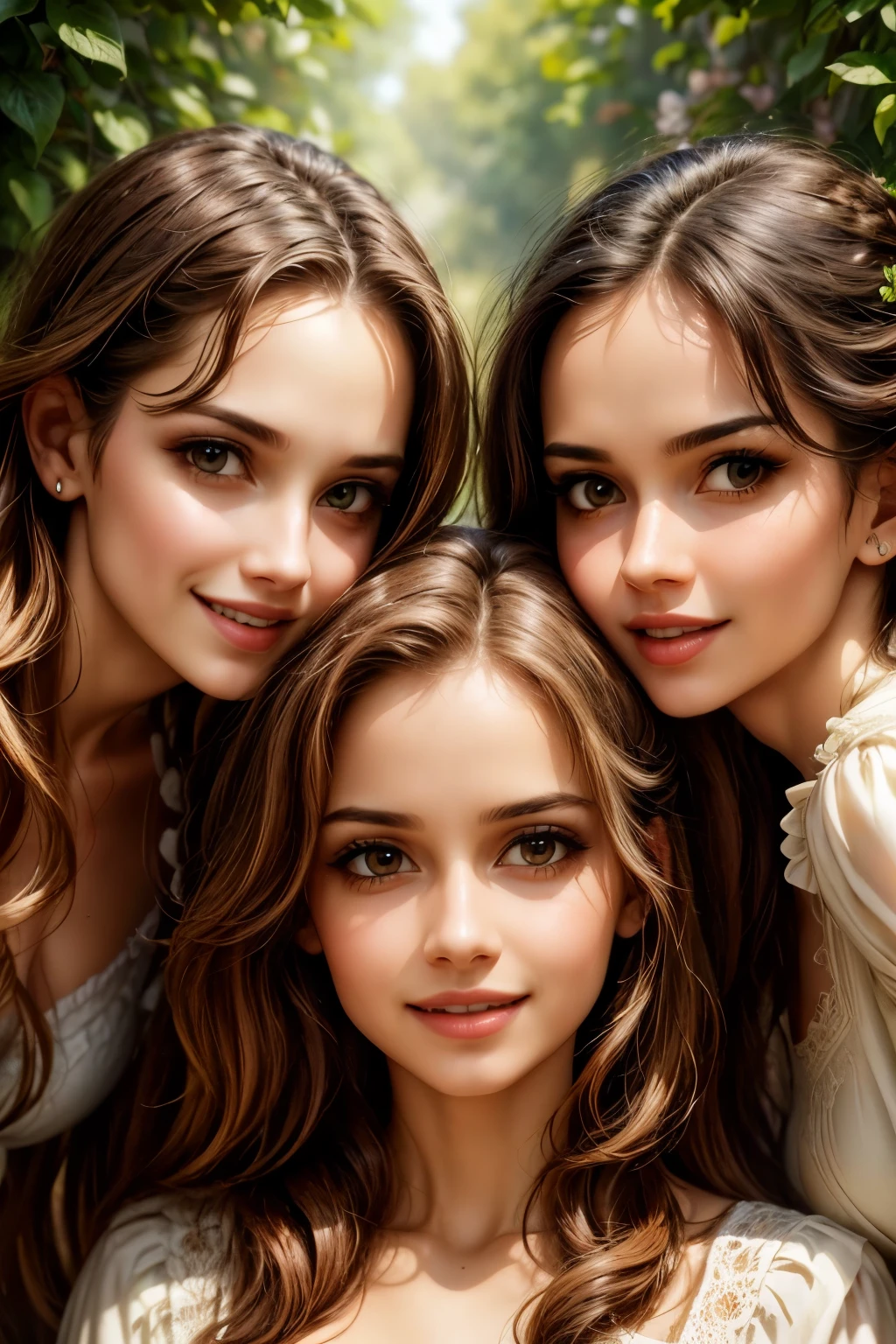 a beautiful group of 4 women, smiling happily, detailed facial features, beautiful detailed eyes, beautiful detailed lips, extremely detailed faces, long eyelashes, elegant hairstyles, fashionable clothing, outdoor garden setting, lush greenery, colorful flowers, warm sunlight, soft focus, highly detailed, photorealistic, masterpiece, 8k, cinematic lighting, vibrant colors, natural skin tones