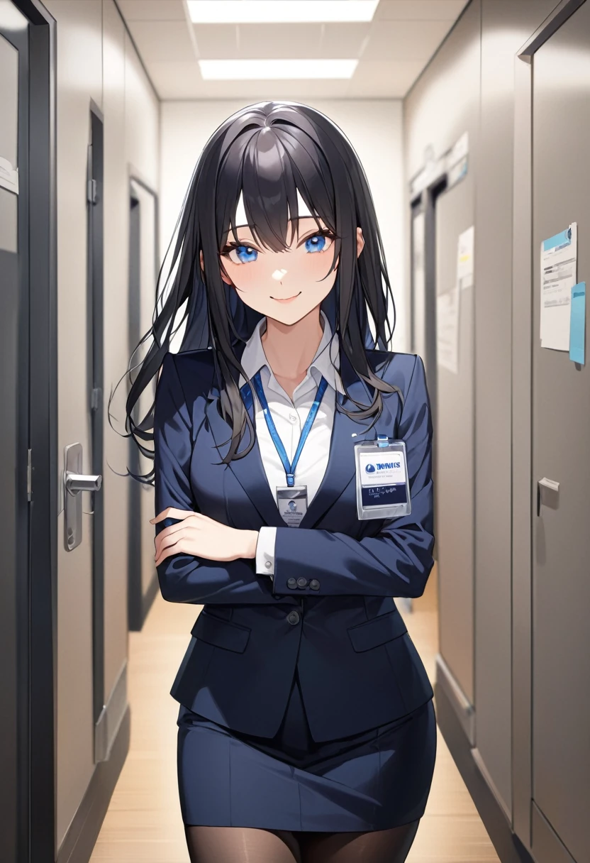 (Highest qualityのイラスト:1.2), (Black Hairの美少女:1.1),Simple Background、White background、 (1 girl、17 years old、Highest qualityのイラスト:1.2), (1 girl、Kind eyes、blue eyes:1.2)、((Black Hair:1.2))、Semi-long hair、(Highest quality、Very detailed、cute、Ultra-high resolution) 、Larger breasts、office lady, {Navy blue business suit、white business shirt, Navy blue pencil skirt、 pantyhose}, office、Front facing、smile、ID card hanging around neck
