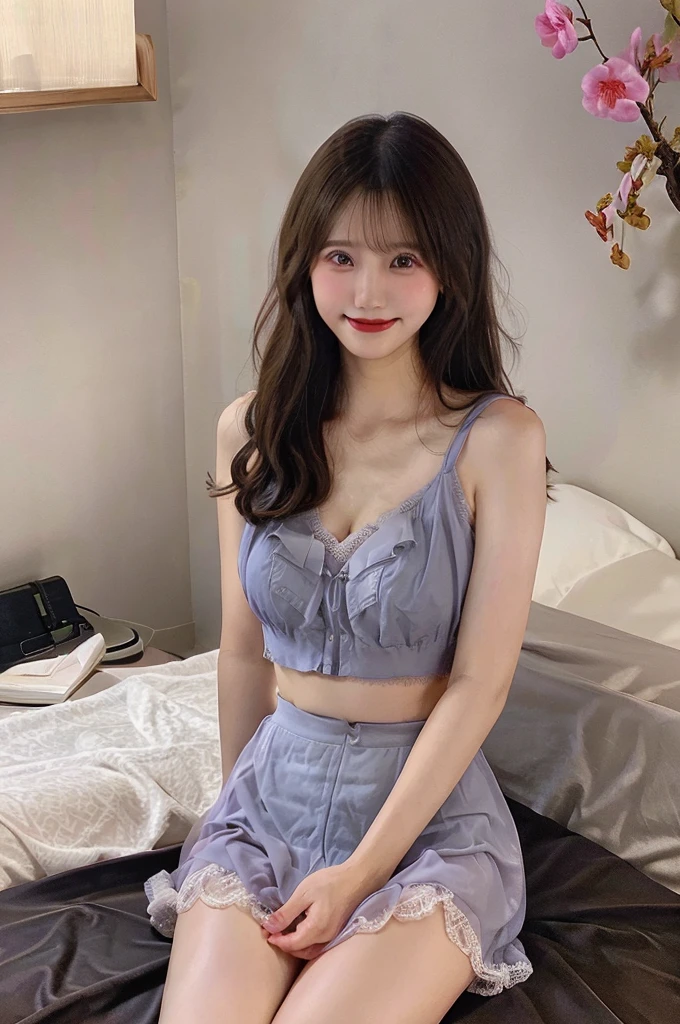 (8k, RAW photo, top quality, masterpiece: 1.2), (realistic, photorealistic: 1.37), ultra detail, ultra high resolution, one girl, beholder, beautiful detailed face, smile, constriction, (slim waist): 1.3), beautiful detailed skin, skin texture, floating hair, professional lighting, Japanese beautiful girl, medium hair, 20 years old, attractive breasts, upper body, full body from knees to head, in the room, gaze away, high exposure, gaze into the distance, smile lightly, bared navel, lots of exposure, Emphasize cleavage, fancy bra and pantie, only wearing bra and pantie, naked arms and legs, fancy nails, sheer lingerie, sheer camisole(dress), sheer bra, frilled pantie, lace-trimmed pantie, colored bra and pantie, T-back, camisole, spread legs