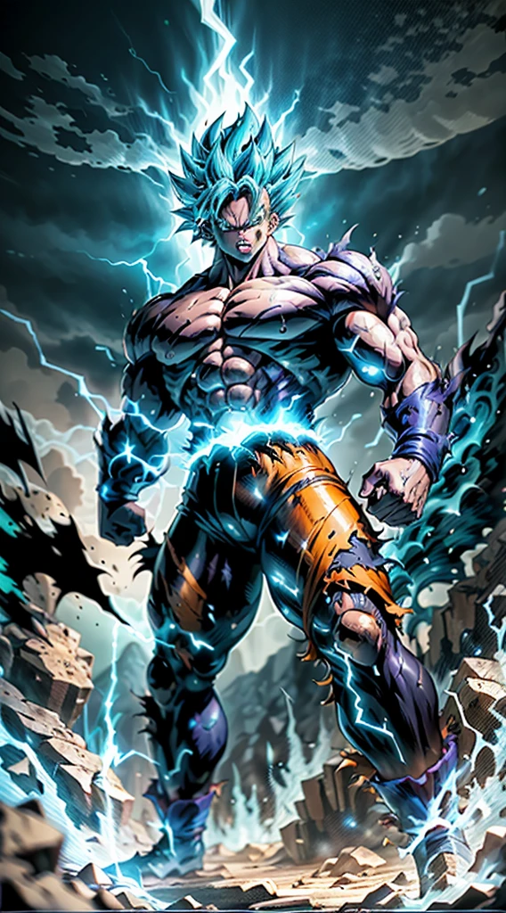 Super Saiyan Broly unleashes a colossal energy wave that shatters the ground and creates a massive shockwave. He stands on a rocky terrain with a stormy sky in the background. The energy wave is a mix of green and blue hues with a swirling pattern. (dark:1.2), (epic:1.3), (chaotic composition:1.2), (metallic:1.1), (gritty texture:1.1), (comic book:1.2), (((3D))), (((realistic))),