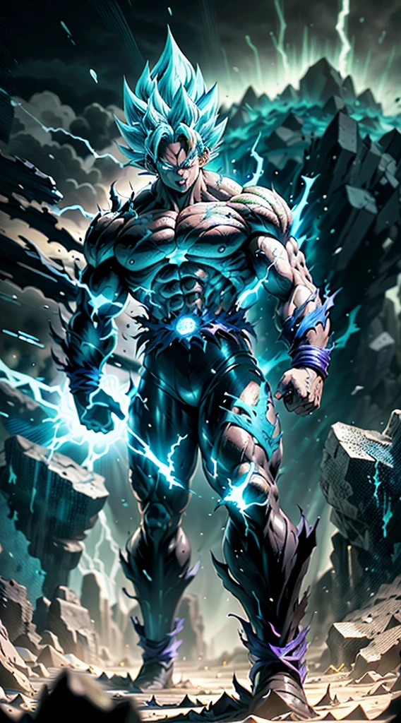 Super Saiyan Broly unleashes a colossal energy wave that shatters the ground and creates a massive shockwave. He stands on a rocky terrain with a stormy sky in the background. The energy wave is a mix of green and blue hues with a swirling pattern. (dark:1.2), (epic:1.3), (chaotic composition:1.2), (metallic:1.1), (gritty texture:1.1), (comic book:1.2), (((3D))), (((realistic))),