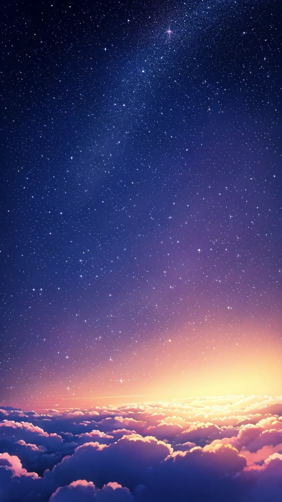 scene of a starry sky animated illustration style, full of clouds with sunset colors