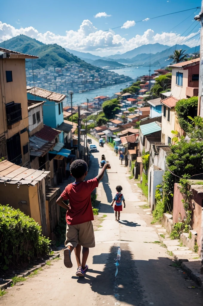 A favela-looking hill, full of houses and winding streets. In front of this hill, Three people holding hands: A black person, a white person and a brown person, representing diversity. The sun shines brightly at the top of the hill. AND, Ao fundo, a boy flying a kite.