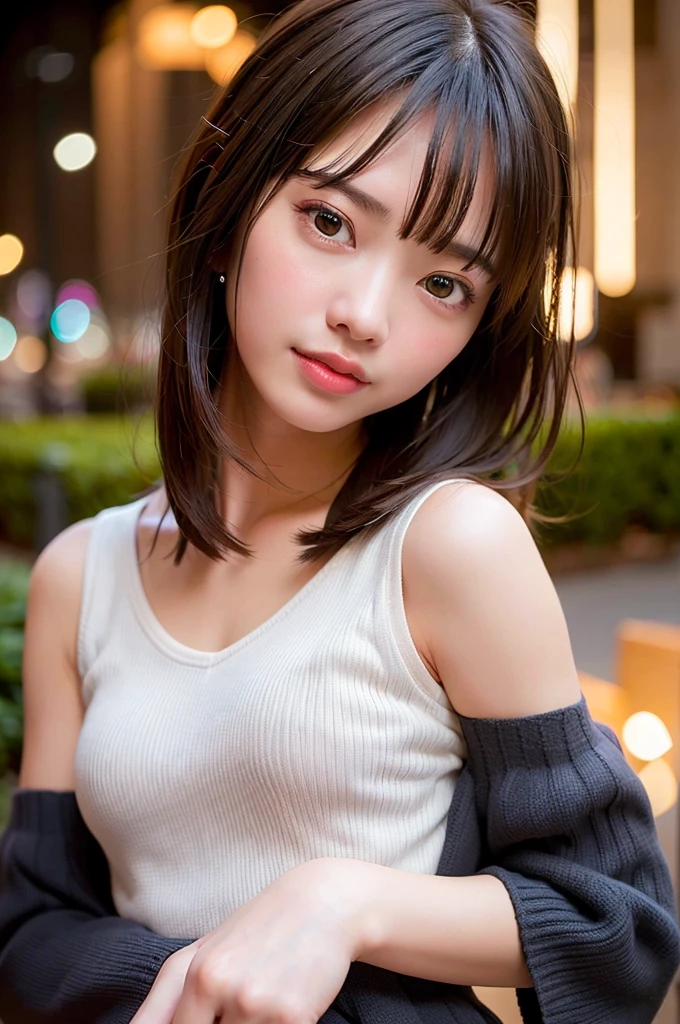 highest quality, masterpiece, Ultra-high resolution, 8k, born, (Photorealistic:1.4), Professional Lighting, Low Angle, (Detailed Background:1.5), Starry Sky, thin, Dynamic pose, night, 1 girl, cute, smile, Big black eyes, Long eyelashes, Open your mouth, Small breasts, Medium Hair, Short bangs, Detailed clothing, off_shoulder, Wide-leg trousers