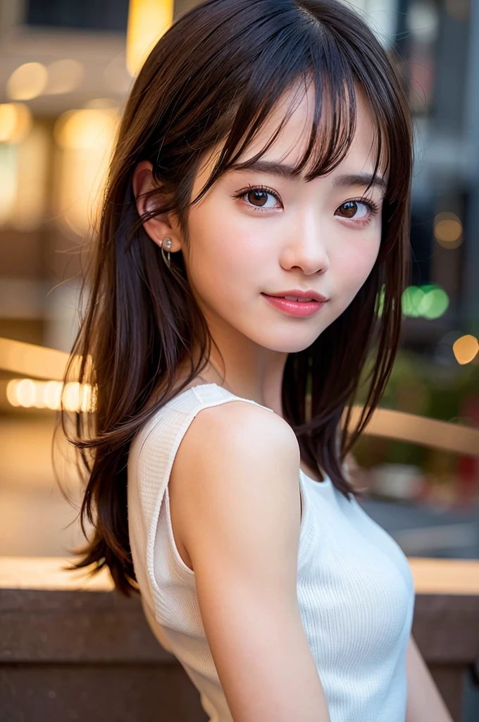 highest quality, masterpiece, Ultra-high resolution, 8k, born, (Photorealistic:1.4), Professional Lighting, Low Angle, (Detailed Background:1.5), Starry Sky, thin, Dynamic pose, night, 1 girl, cute, smile, Big black eyes, Long eyelashes, Open your mouth, Small breasts, Medium Hair, Short bangs, Detailed clothing, off_shoulder, Wide-leg trousers